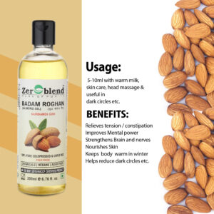 Zeroblend BADAM ROGHAN (UNDILUTED, UNMIXED, UNREFINED & COLD PRESSED – 100% PURE GURBANDI ALMOND OIL) (200 ML)